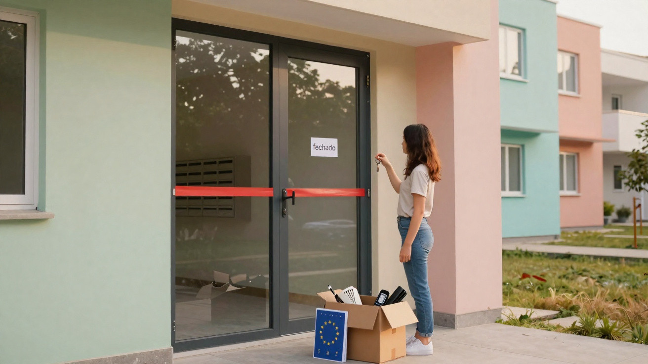 Mulher junto à porta de prédio fechada com fita vermelha e caixa de mudança no chão.