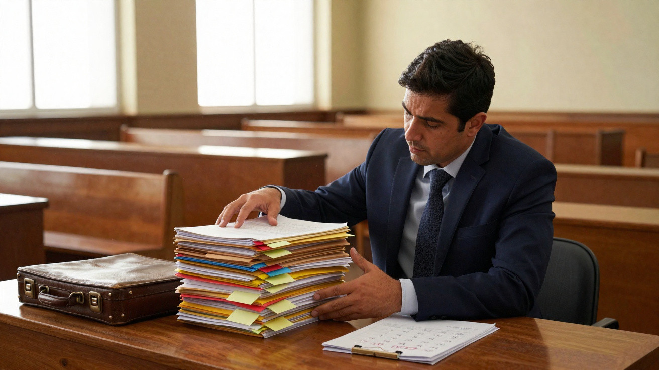 Homem em fato sentado numa sala de tribunal, a organizar pilha grande de documentos sobre a mesa.