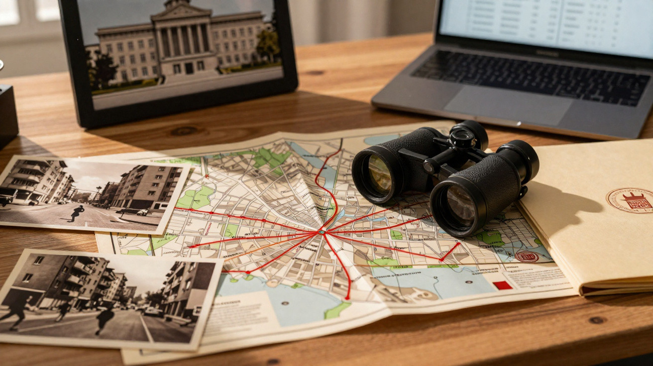 Mesa com mapa marcado, binóculos, fotografias antigas, envelopes e portátil aberto numa aplicação de dados.