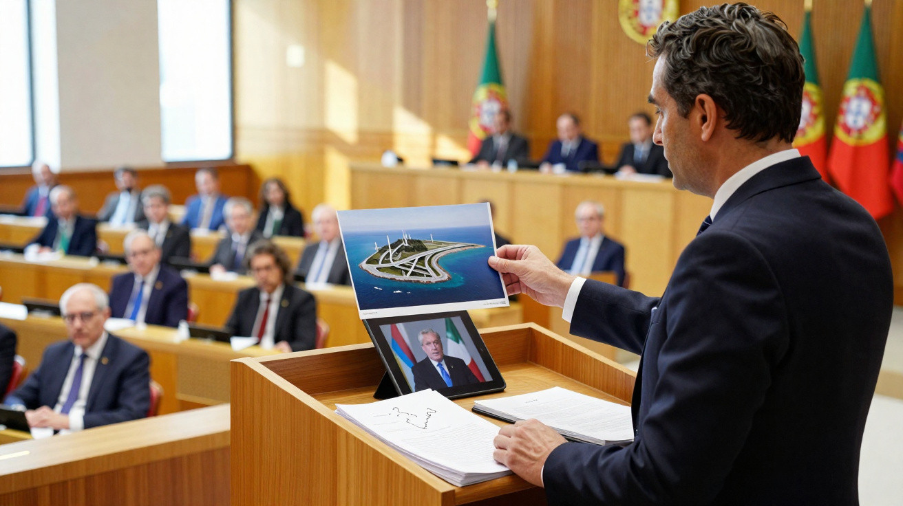Homem em discurso a mostrar foto de ilha artificial numa reunião formal com pessoas sentadas ao fundo.
