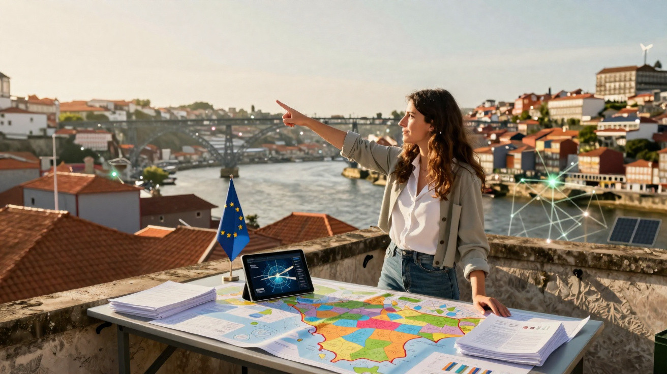 Mulher em terraço com mapa e tablet, apontando para gráfico digital, com bandeira da UE e paisagem urbana ao fundo.