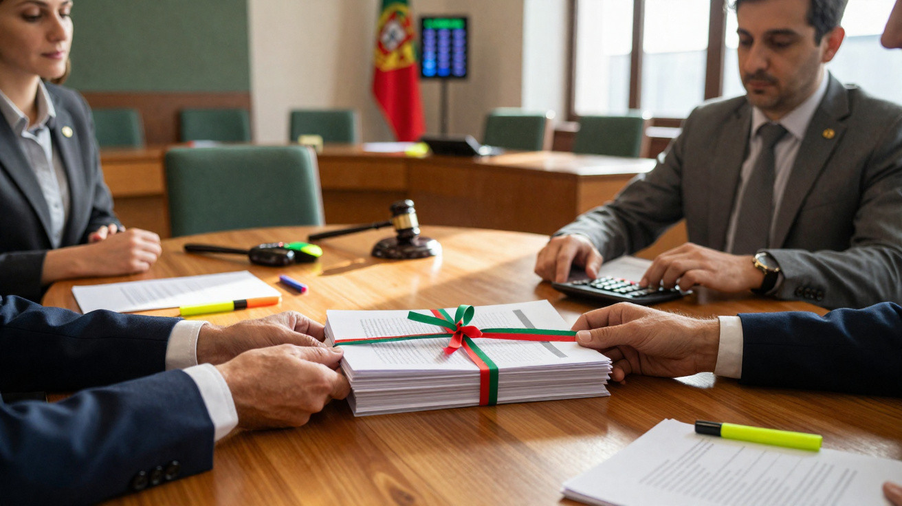 Documento oficial com laço verde e vermelho numa mesa de reunião com pessoas e bandeira de Portugal ao fundo.