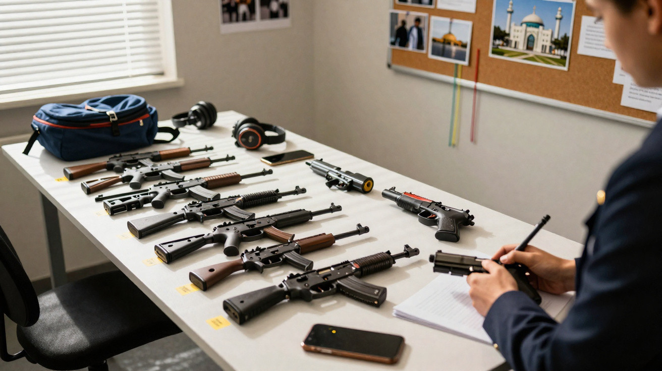 Mesa com diversas armas de fogo apreendidas e uma pessoa manuseando uma pistola num espaço de investigação.