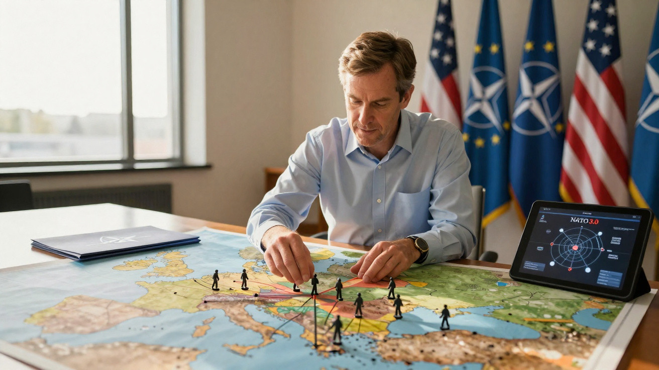 Homem em camisa cinza plano estratégias militares com miniaturas num mapa da Europa numa sala com bandeiras da NATO e EUA.