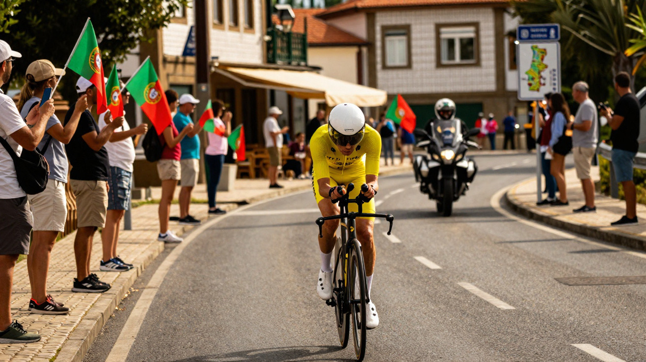 Ciclista em fato e capacete amarelo em corrida, com público a aplaudir e acenar bandeiras portuguesas.