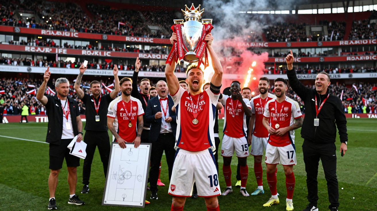 Jogador do Arsenal a celebrar com o troféu da Premier League no estádio, enquanto equipa e adeptos aplaudem.