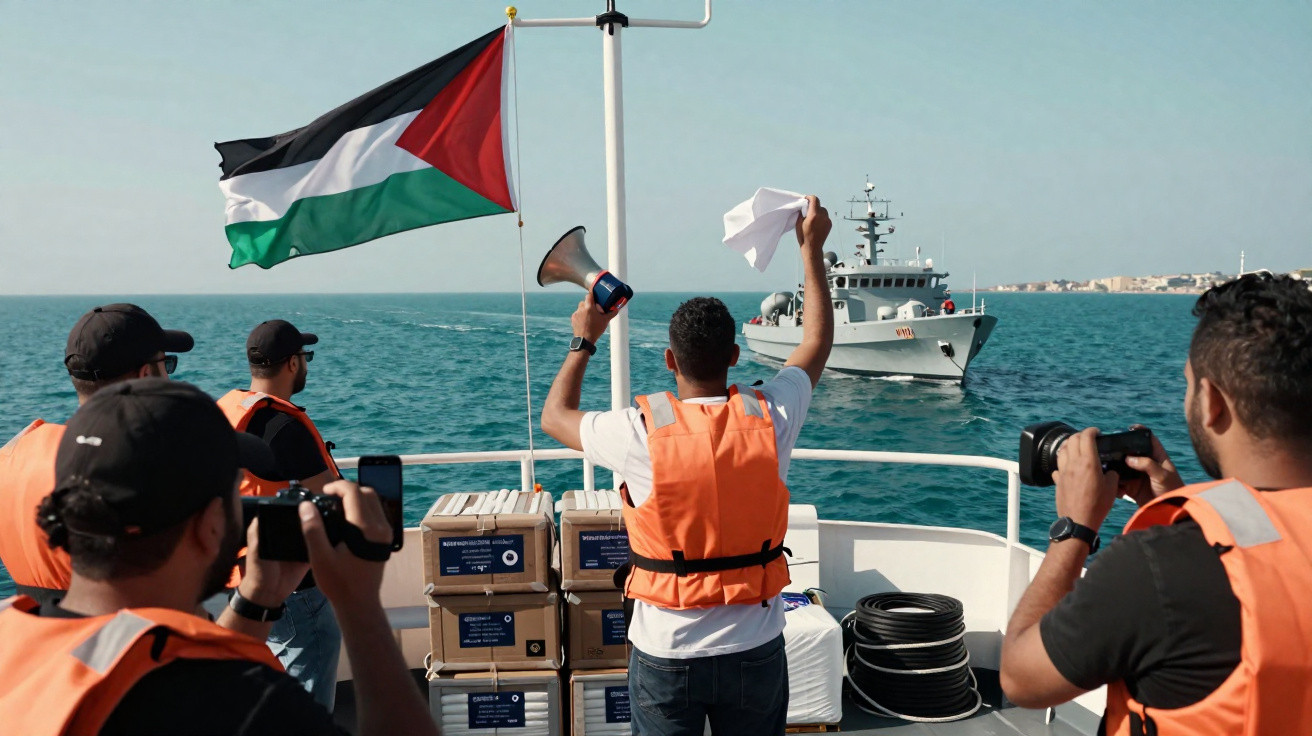 Tripulantes com coletes laranja num barco com bandeira palestiniana, filmando e a receber sinal de navio próximo no mar.