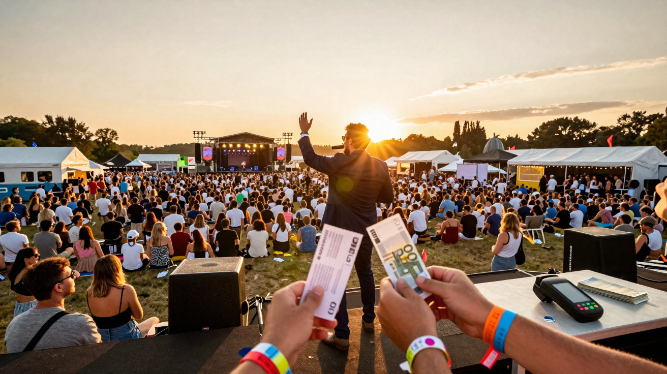 Mãos seguram bilhetes e dinheiro no palco, com cantor e multidão num festival ao pôr do sol.