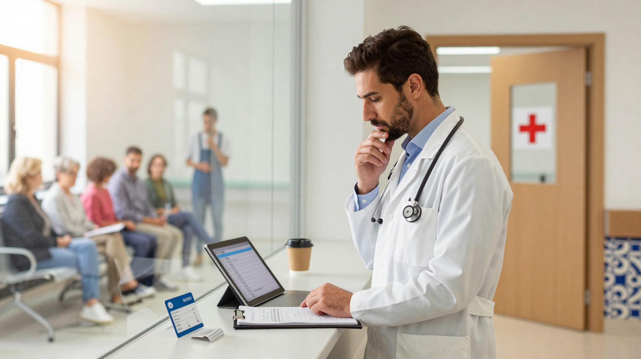 Médico de toga branca usando tablet enquanto pacientes aguardam numa sala de espera hospitalar.