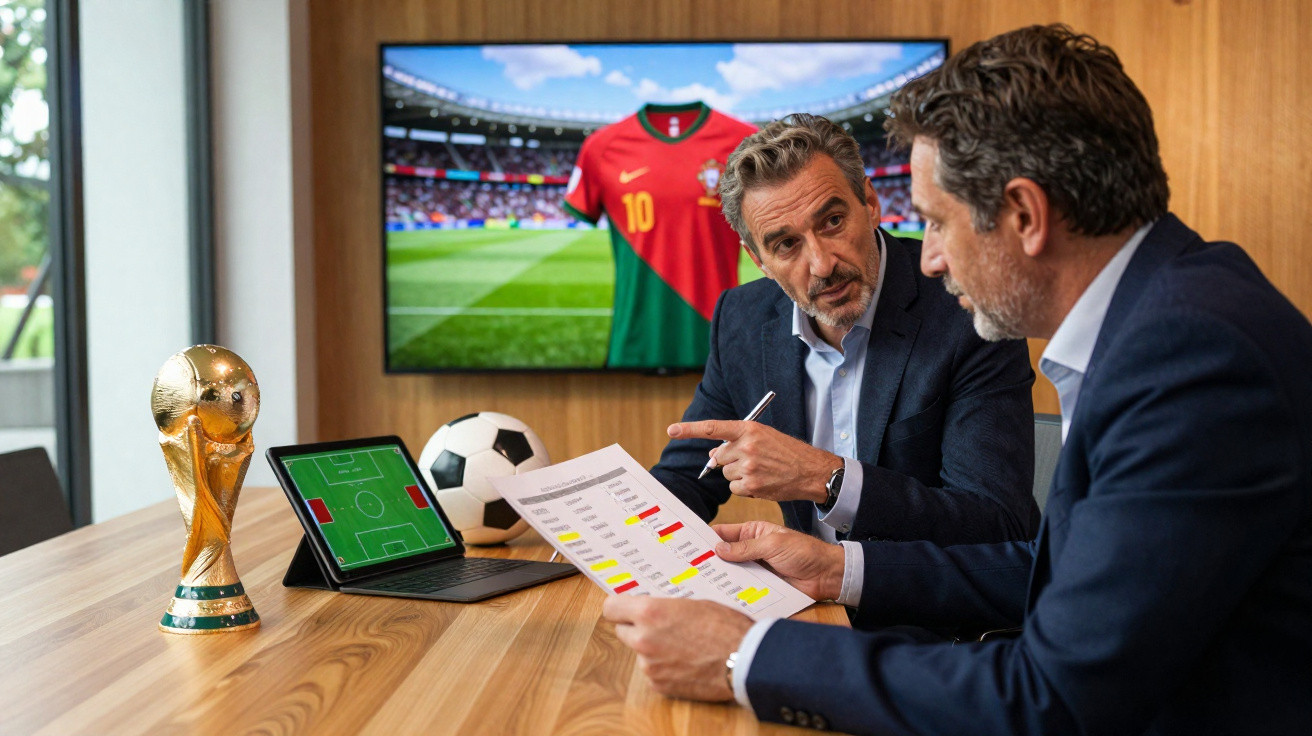 Dois homens em fato analisam tática de futebol em escritório com troféu, bola e camisola da seleção portuguesa.
