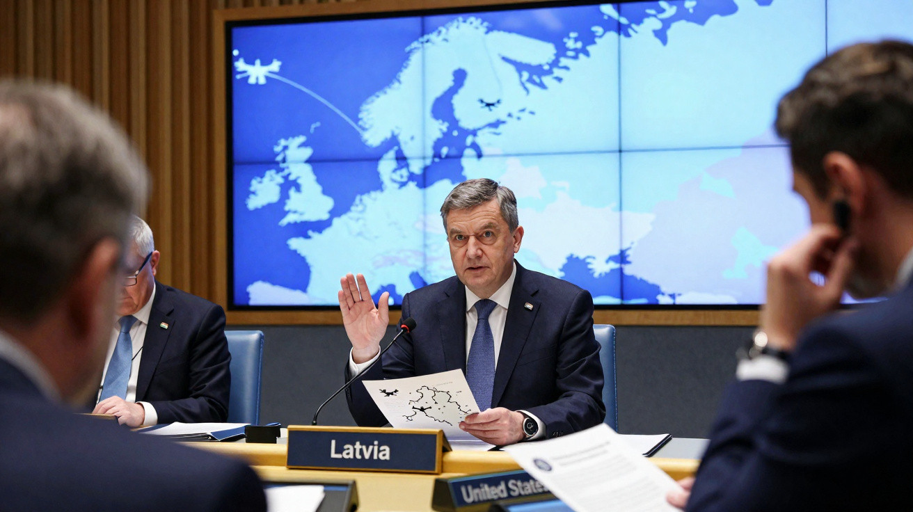 Homem em fato sentado em conferência com mapa da Europa ao fundo e placas de países na mesa.