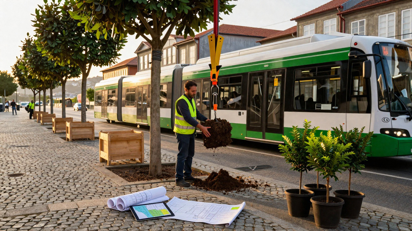Homem a plantar árvores na calçada junto a autocarro elétrico com plantas e plantas em vasos.