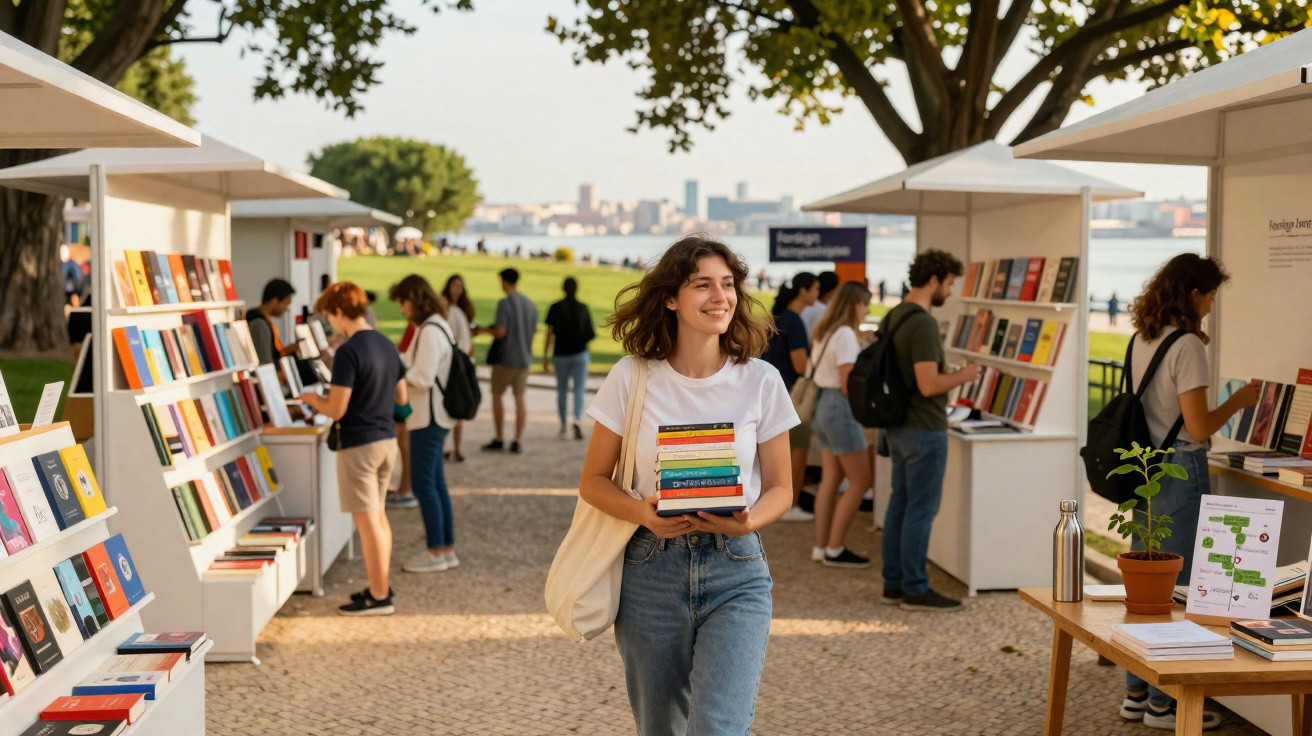 Jovem mulher a caminhar segurando livros numa feira de livros ao ar livre com várias bancas e pessoas.