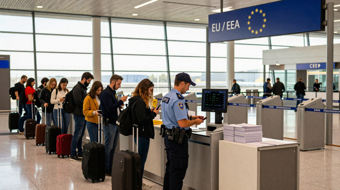 Fila de passageiros com bagagem a fazer controlo de passaportes no aeroporto, sob placa de passagem EU/EEA.