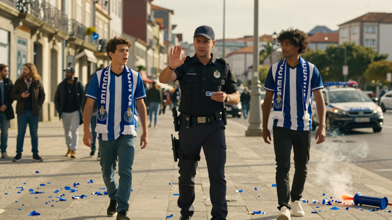 Agente da polícia entre dois jovens com camisolas do FC Porto numa rua com confetis no chão.