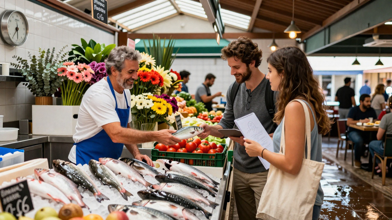 Homem com avental azul a segurar peixe fresco num mercado coberto, com flores e clientes ao fundo.