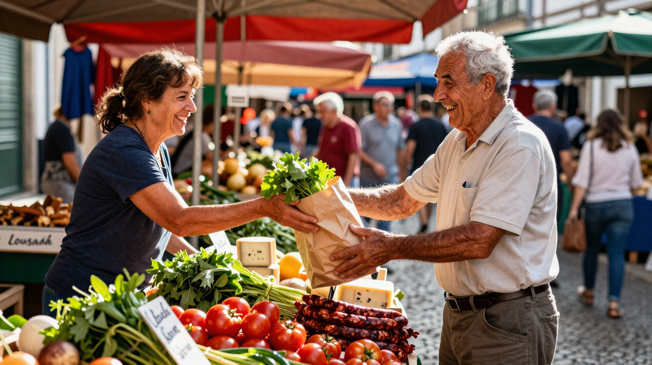 Homem compra legumes num mercado ao ar livre, a receber os produtos do vendedor sorridente.