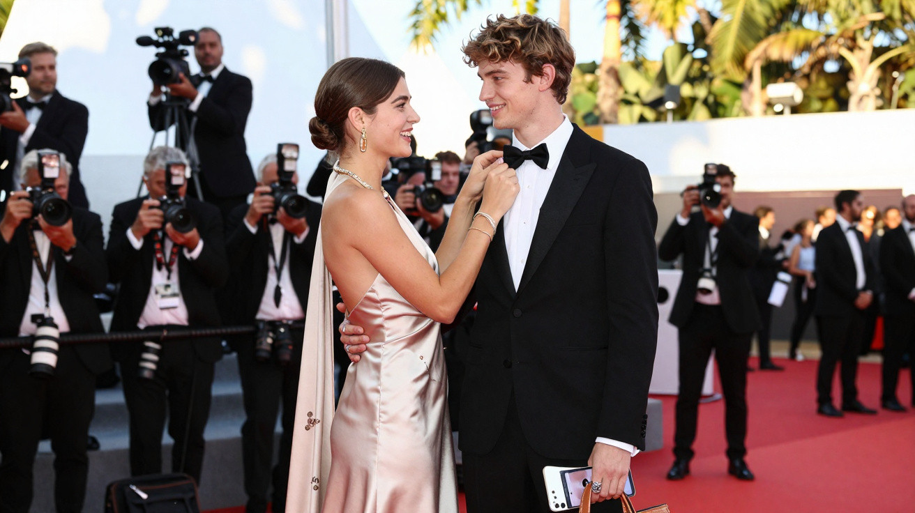Casal elegante no tapete vermelho com fotógrafos a tirar fotos ao fundo.