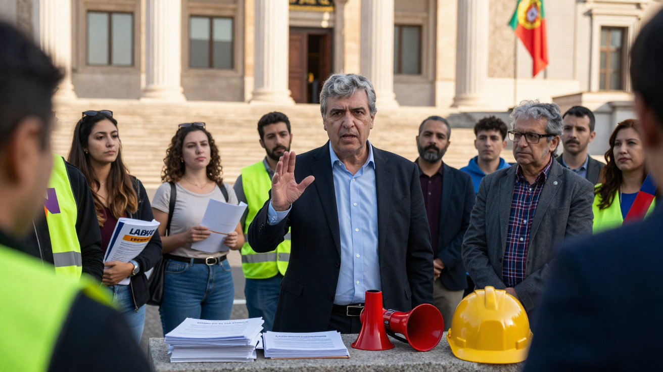 Homem fala em frente a grupo diversificado e pilhas de documentos, com megafone e capacete amarelo sobre mesa, em frente a ed