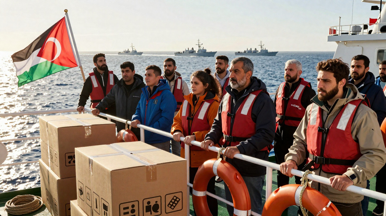 Pessoas com coletes salvavidas numa embarcação perto de caixas e bandeira da Turquia, com navios no horizonte.