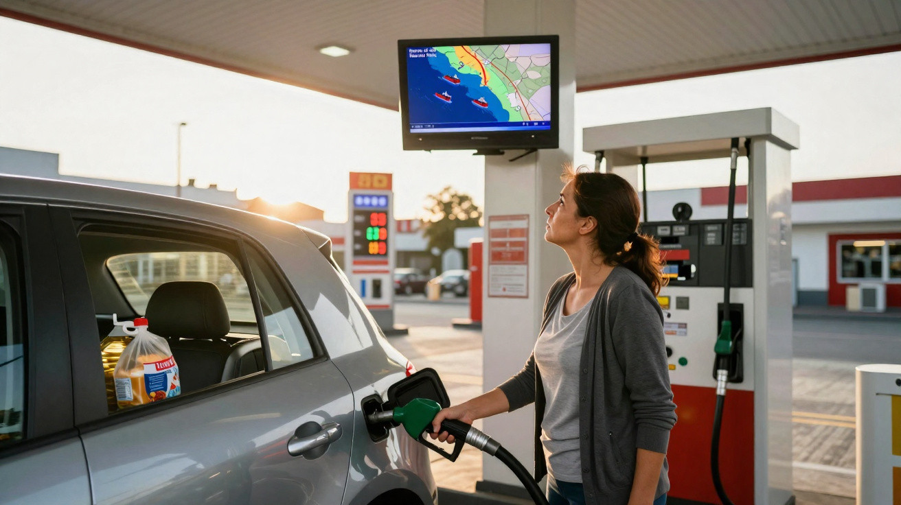 Mulher com tubo de combustível a abastecer carro numa bomba de gasolina com ecrã digital ao fundo.