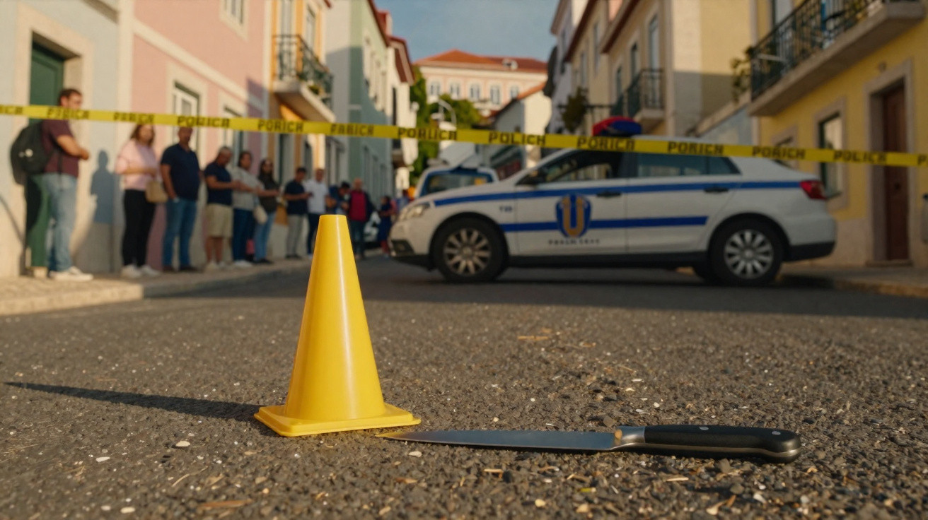 Fita policial isola cena de crime numa rua com faca no chão e viatura policial ao fundo.