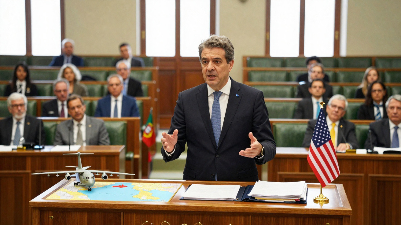 Homem de fato fala num pódio em reunião oficial com bandeiras de Portugal e EUA e mapa num salão formal.