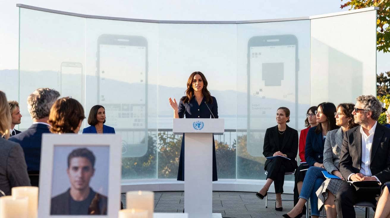 Mulher a discursar num púlpito em evento memorial ao ar livre, com público atento e velas acesas.