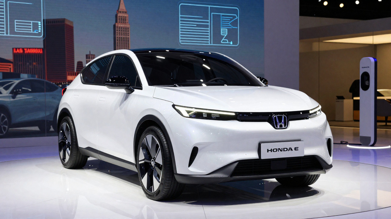 Carro elétrico branco Honda E estacionado junto a um posto de carregamento, em ambiente interior moderno.