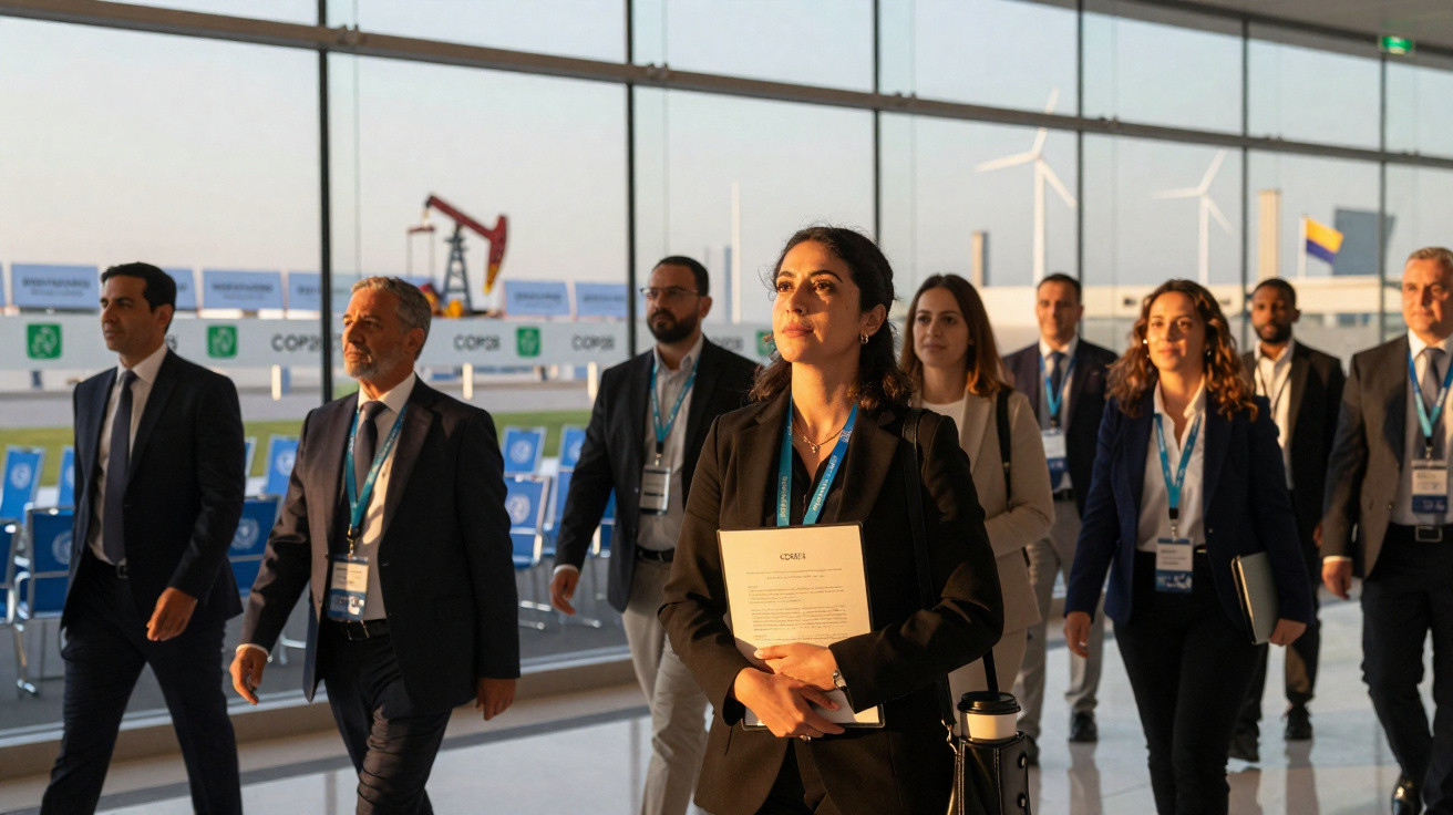 Grupo diversificado de profissionais a caminhar em aeroporto com plataformas petrolíferas ao fundo.
