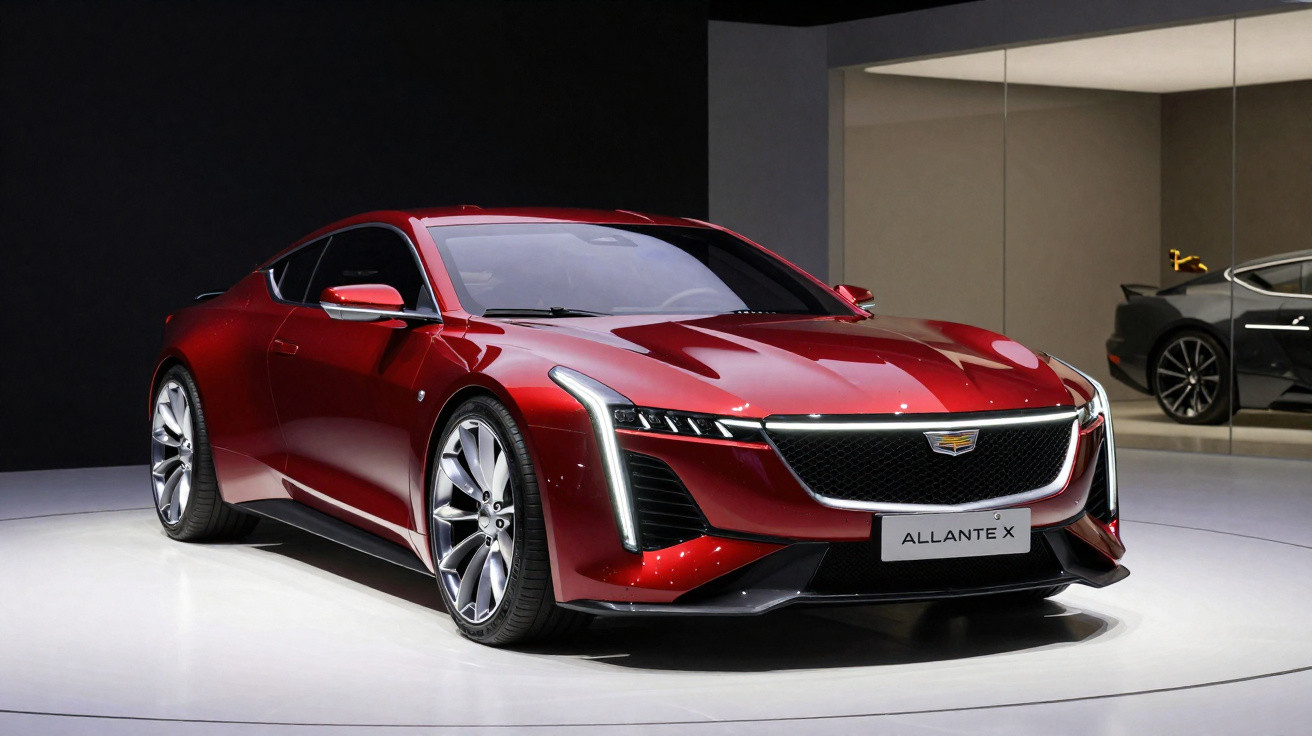 Carro desportivo vermelho Cadillac Allante X estacionado em espaço interior moderno e iluminado.