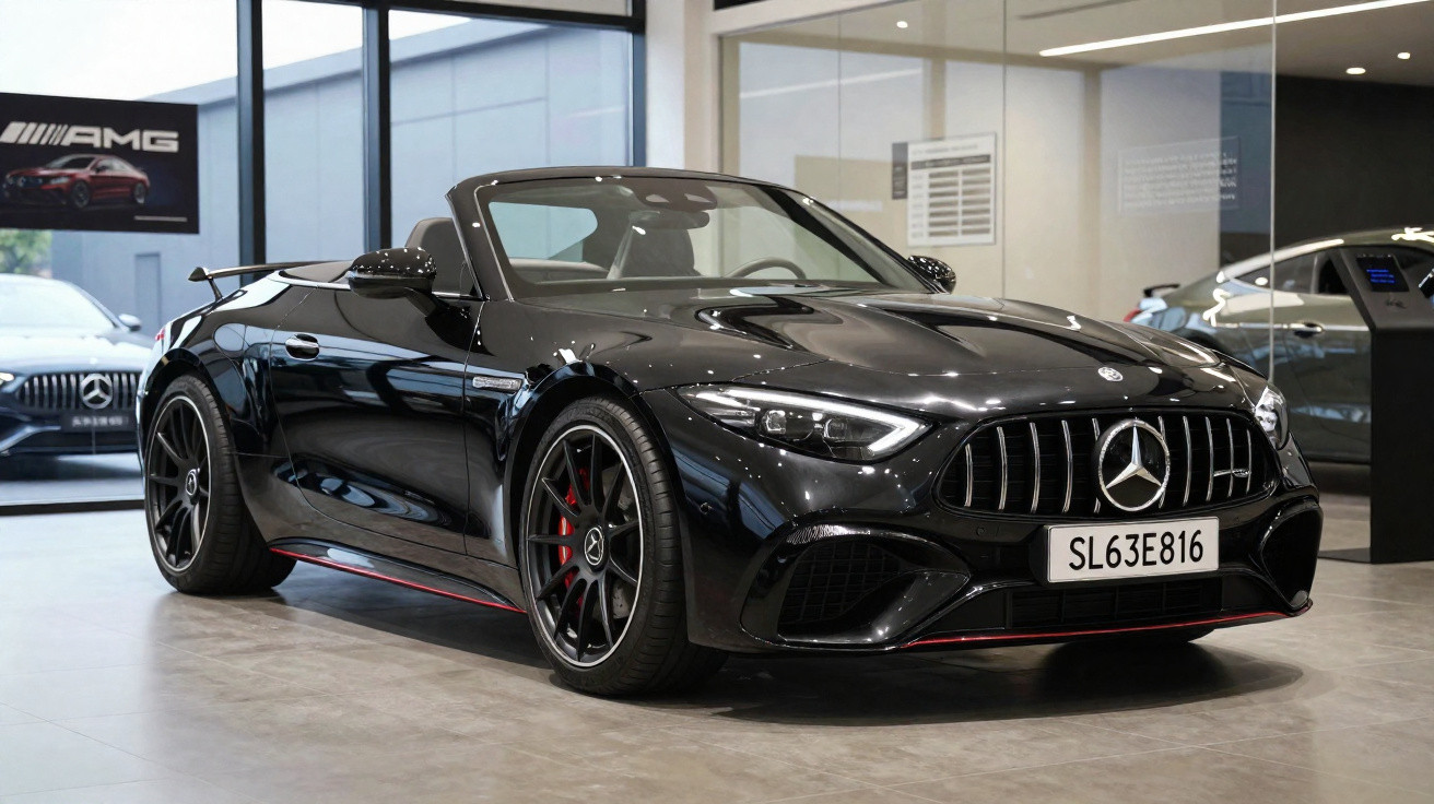 Mercedes-Benz AMG conversível preto com interior vermelho numa garagem moderna e iluminada.