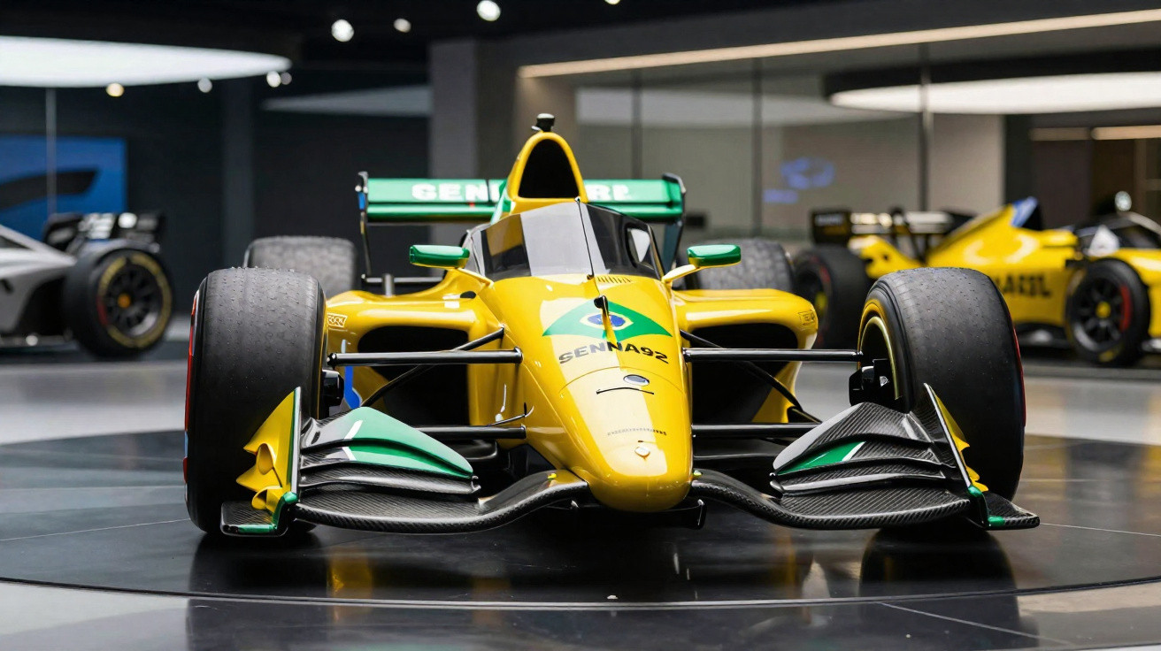 Carro de Fórmula 1 amarelo com detalhes verdes, exibido numa sala moderna com espelhos e luzes.