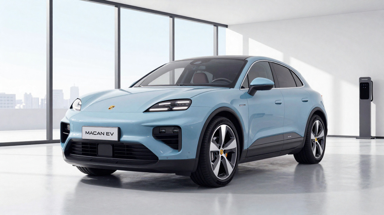 Carro elétrico Porsche Macan EV azul estacionado numa garagem moderna com carregador elétrico.