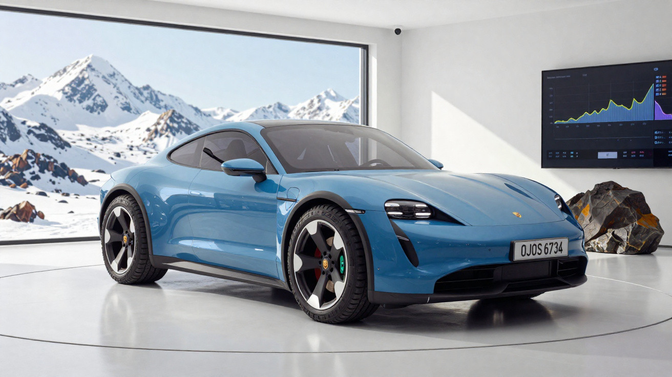 Carro elétrico desportivo azul estacionado em espaço moderno com vista para montanhas nevadas.