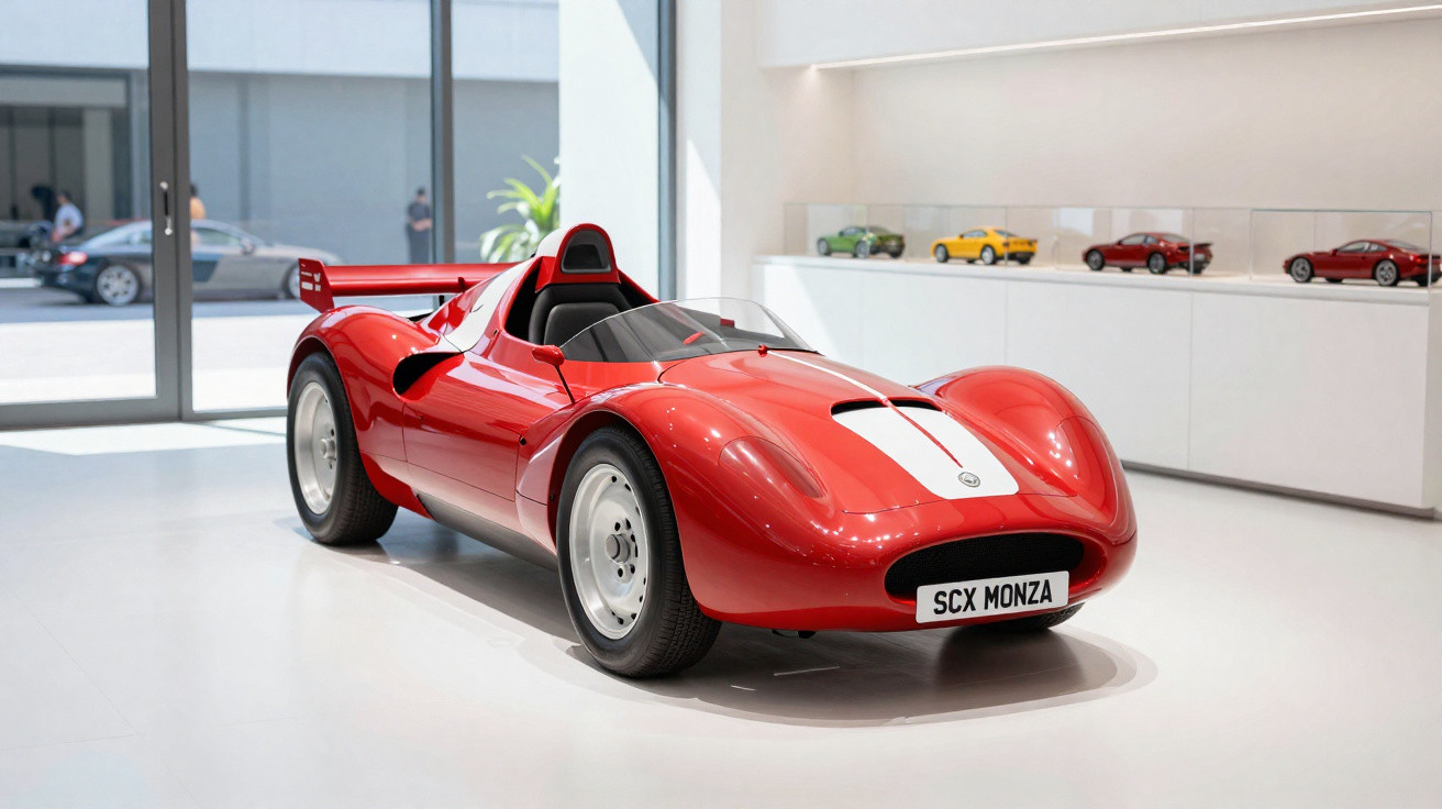 Carro desportivo clássico vermelho com faixa branca e licença SCX MONZA em exposição interior.