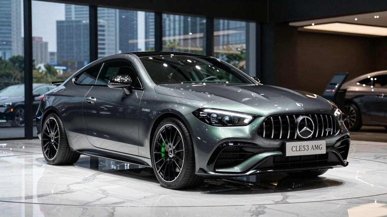 Carro desportivo Mercedes-Benz CLE53 AMG cinzento metálico em exposição num salão moderno.