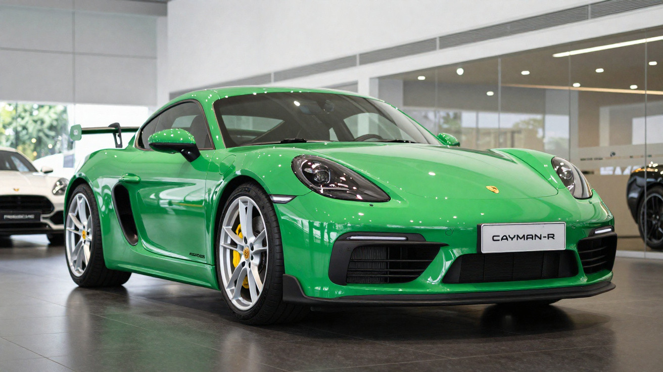 Carro desportivo Porsche Cayman-R verde num showroom moderno com chão escuro.