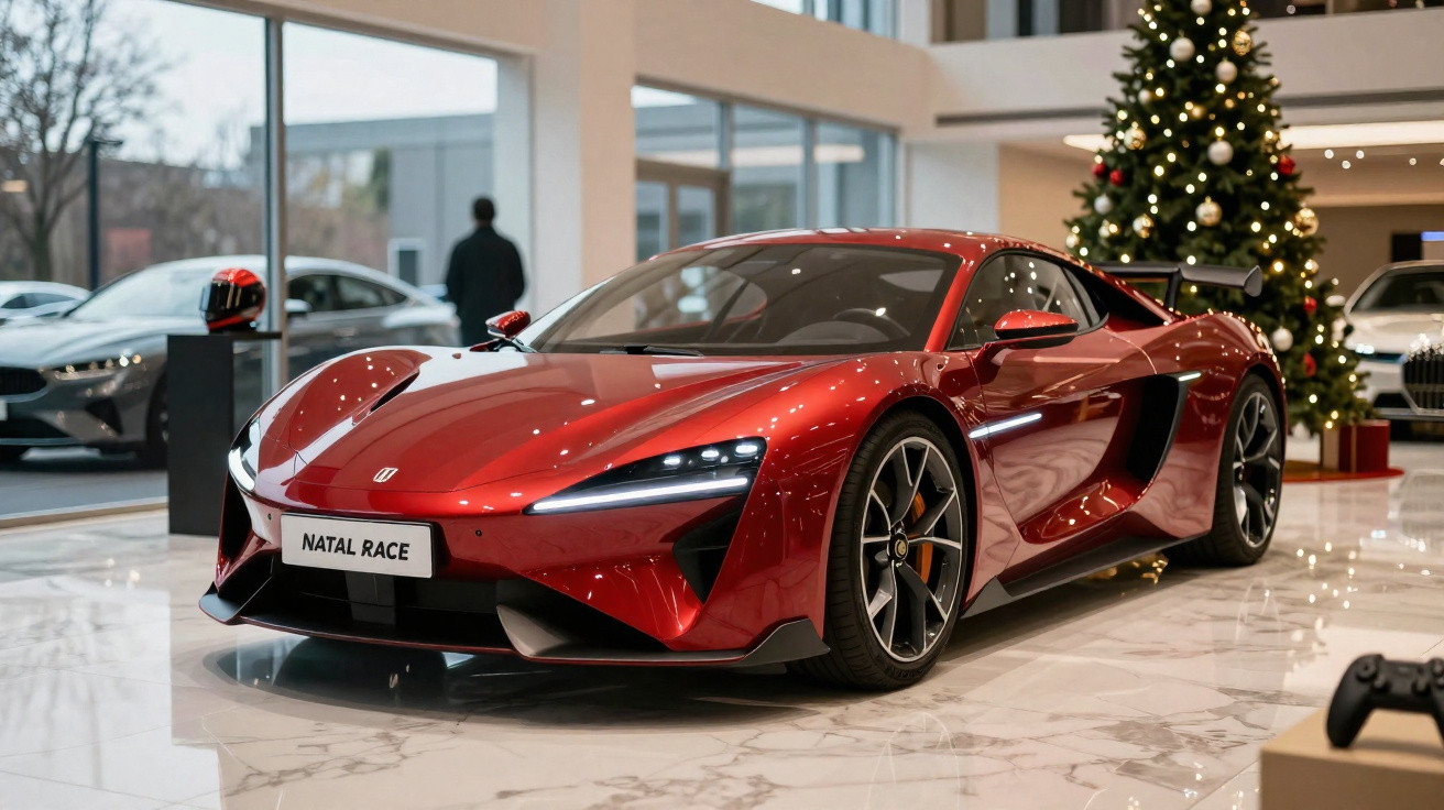 Carro desportivo vermelho numa exposição interior com árvore de Natal decorada ao fundo.