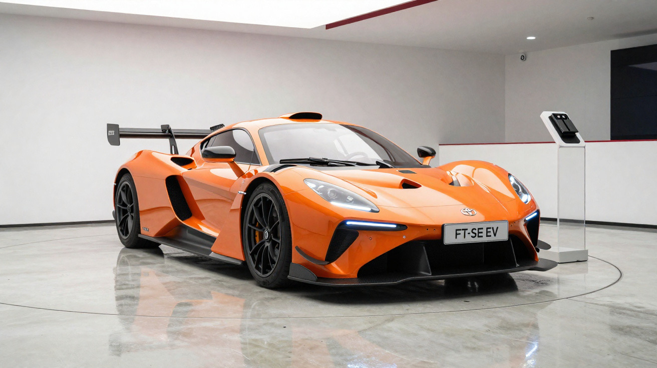 Carro desportivo elétrico laranja em exposição numa sala branca com chão refletor.