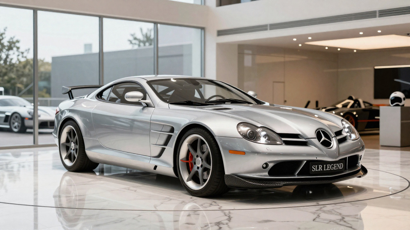 Carro desportivo Mercedes-Benz SLR Legend prateado exibido num showroom moderno com chão em mármore.