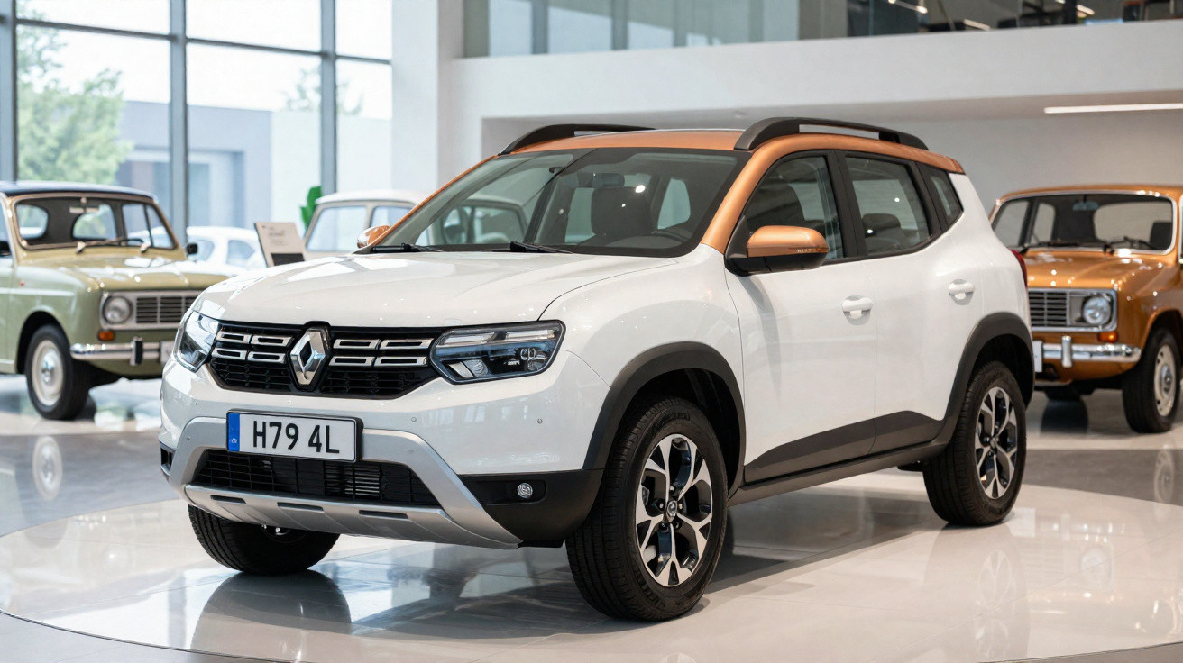 Carro SUV Renault branco com detalhes laranja exhibido numa sala de exposição com carros clássicos ao fundo.