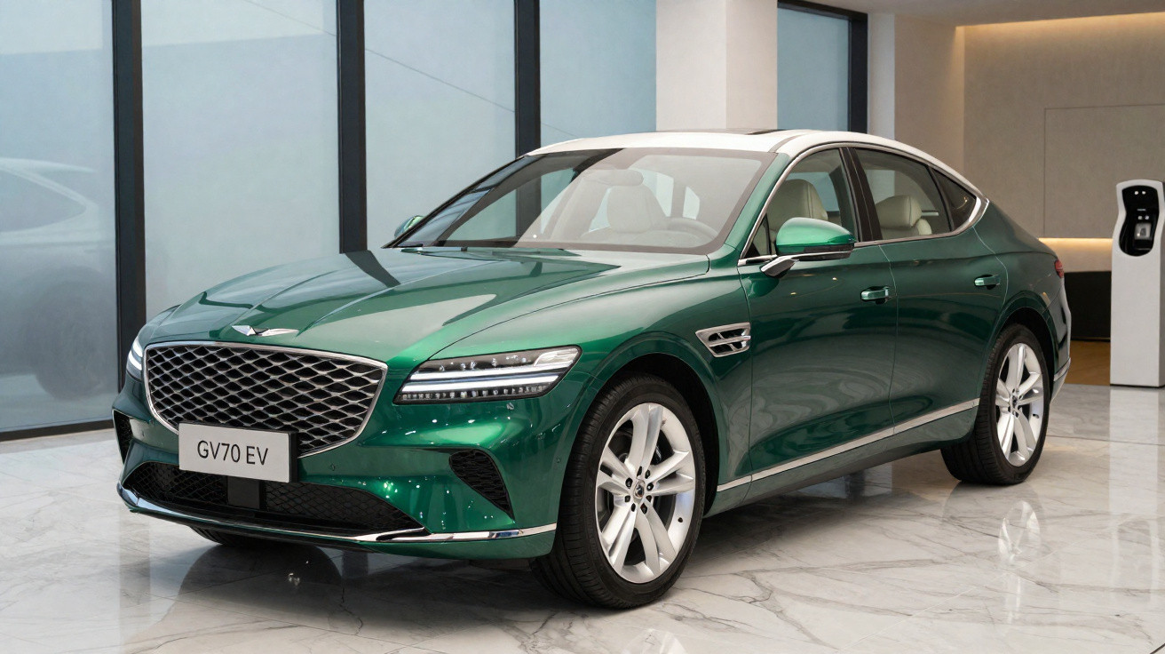 Carro elétrico verde Genesis GV70 EV estacionado dentro com estação de carregamento ao fundo.