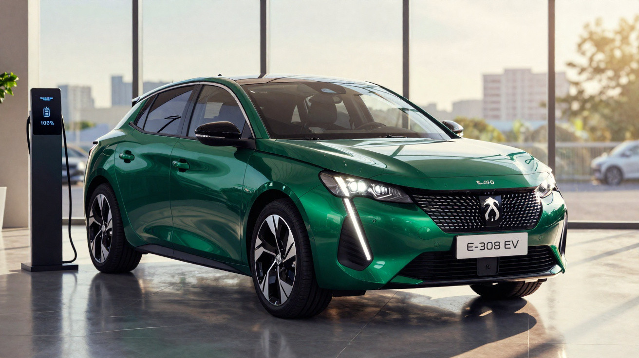 Peugeot elétrico E-308 EV verde estacionado num espaço moderno ao lado de um carregador elétrico.