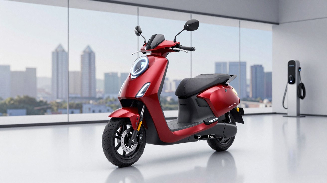 Motociclo elétrico vermelho estacionado numa sala com parede de vidro, próximo de estação de carregamento.